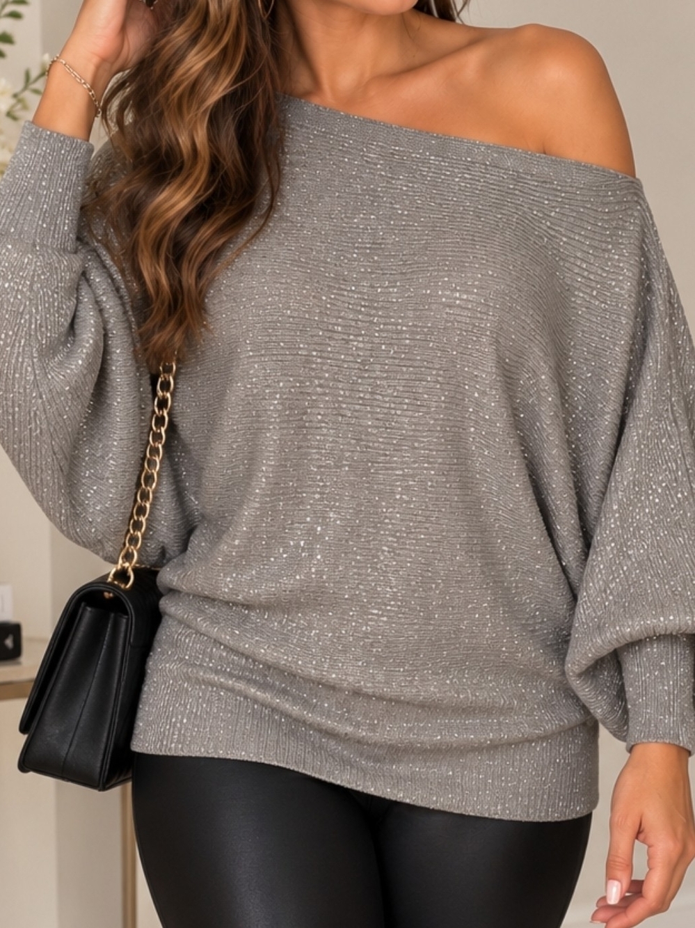 New York & Company Gray Metallic Off-the-Shoulder Sweater
